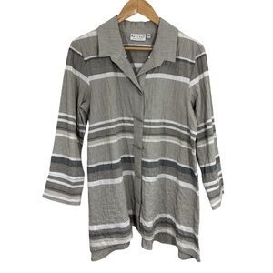 Habitat Striped Button Up Tunic Top Womens S Grey Neutral Toggle Beach Shirt EUC